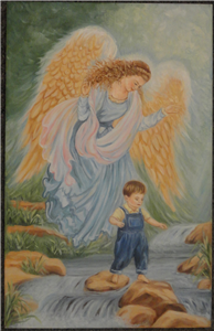"Anioł Stróż " z chłopcem nad potokiem